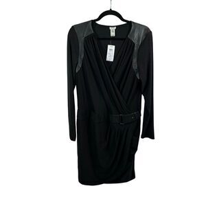 New with Tags Cache Black Long Sleeve V‎ Neck Dress with Faux Leather Detail XL